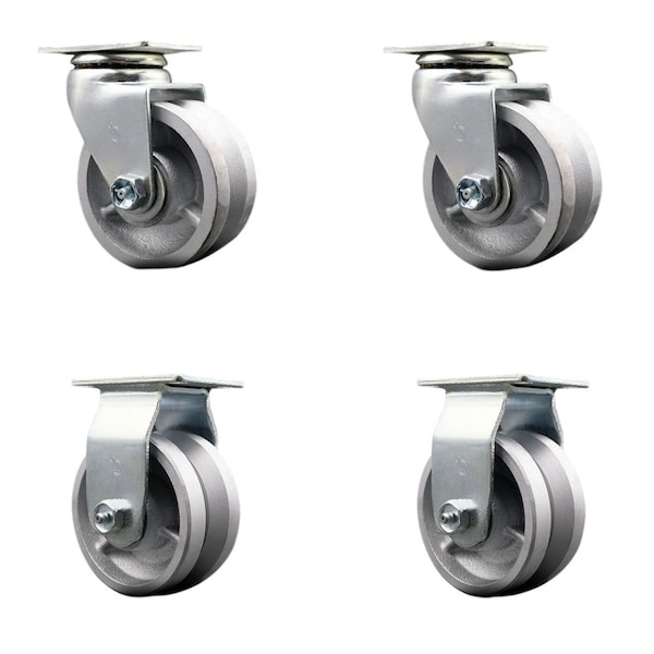 4'' V-Groove Semi Steel Caster Set with Bronze Bearings 2 Swivel 2 Rigid, 4PK